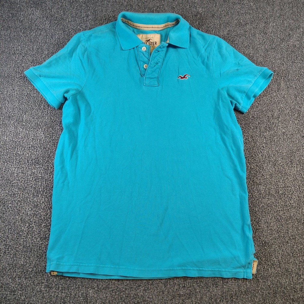 Y2k Hollister Polo Shirt Mens XL Turquoise Blue Short Sleeve Seagull Logo Casual